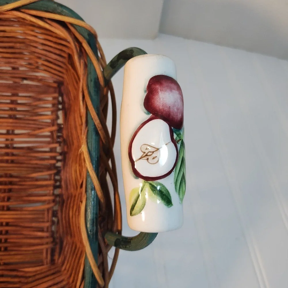Vintage Woven Wicker Basket Ceramic Apple Handles Green Trim Rectangular Cottage